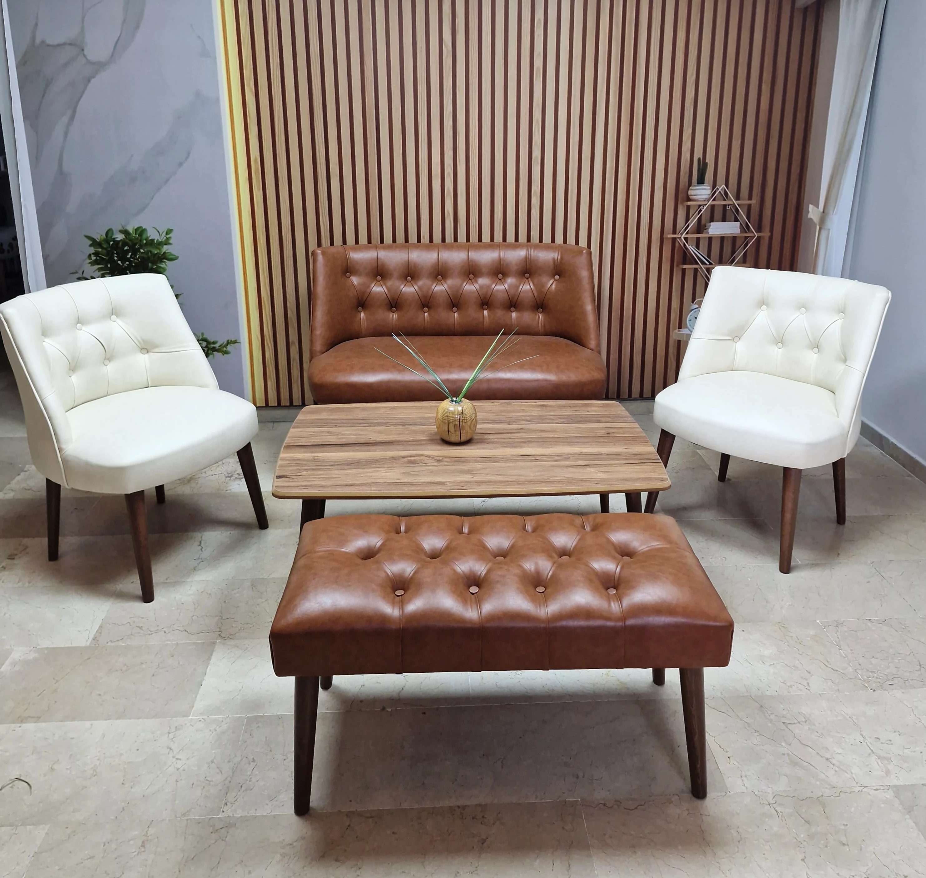 Milano Çay Seti Koltuk Takımı - Ofis Takımı - Deri Kumaş - 2+1+1+Bench+Sehpa | Krem Taba