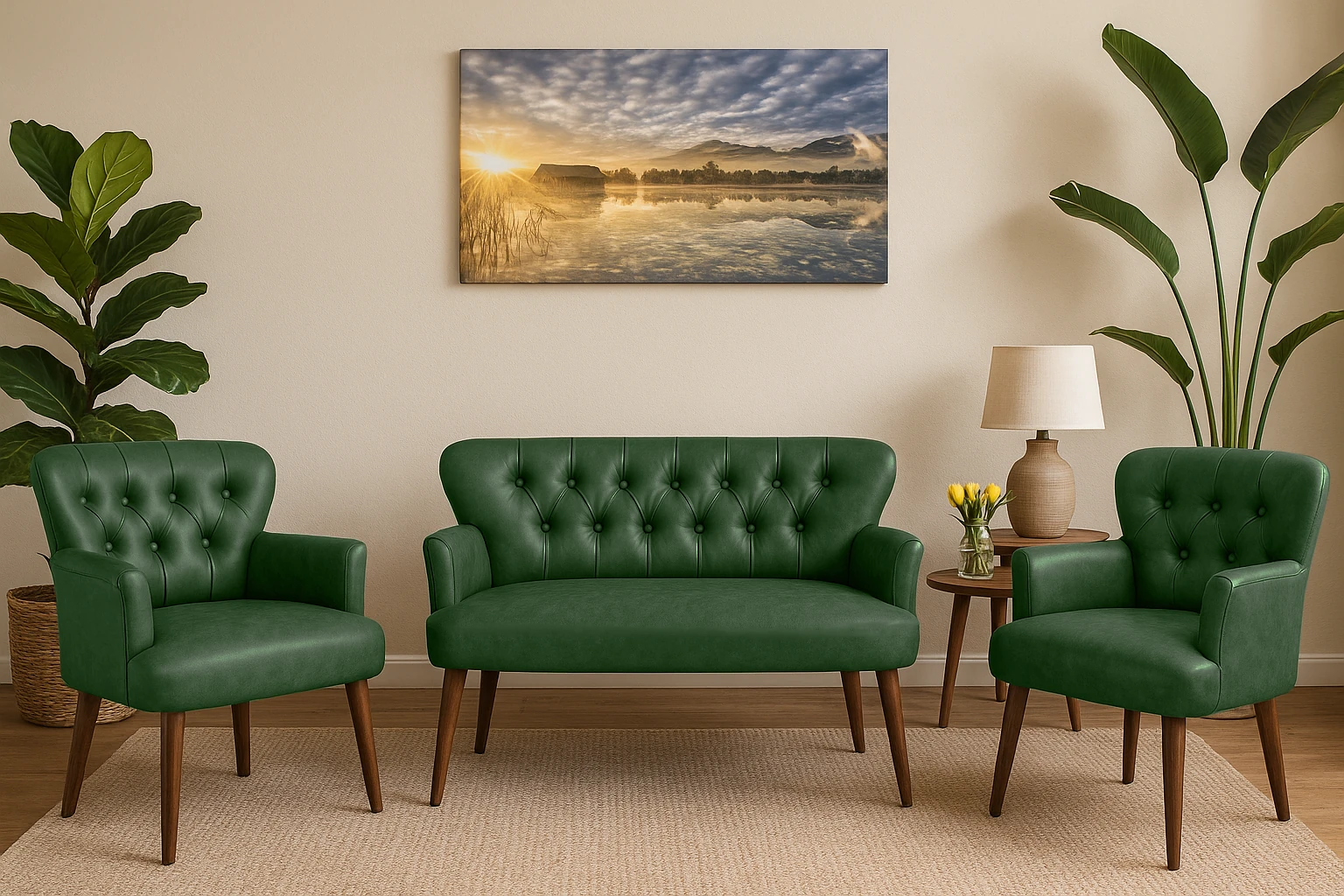 Modern Chester Tarzı 3’lü Çay Seti Koltuk Takımı 2+1+1 – Deri, Ahşap Ayaklı - Yeşil