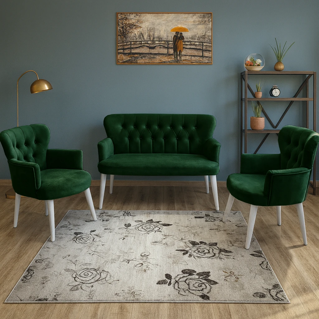 Çay Seti Koltuk Takımı - Babyface Kumaş - Modern Balkon Takımı - Zümrüt Yeşili