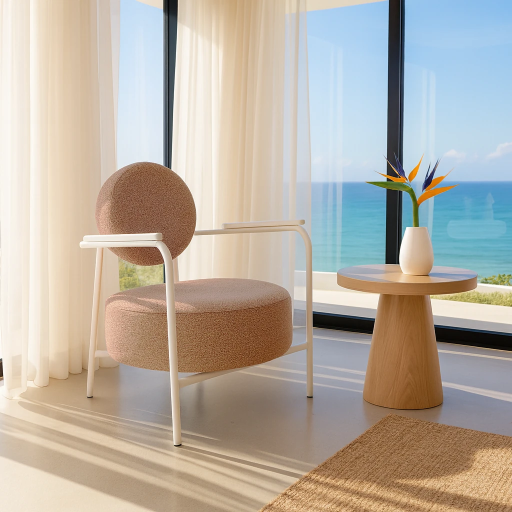 Venüs Beyaz - Soft Kumaş - Modern Beyaz Metal Berjer Koltuk – Vizon