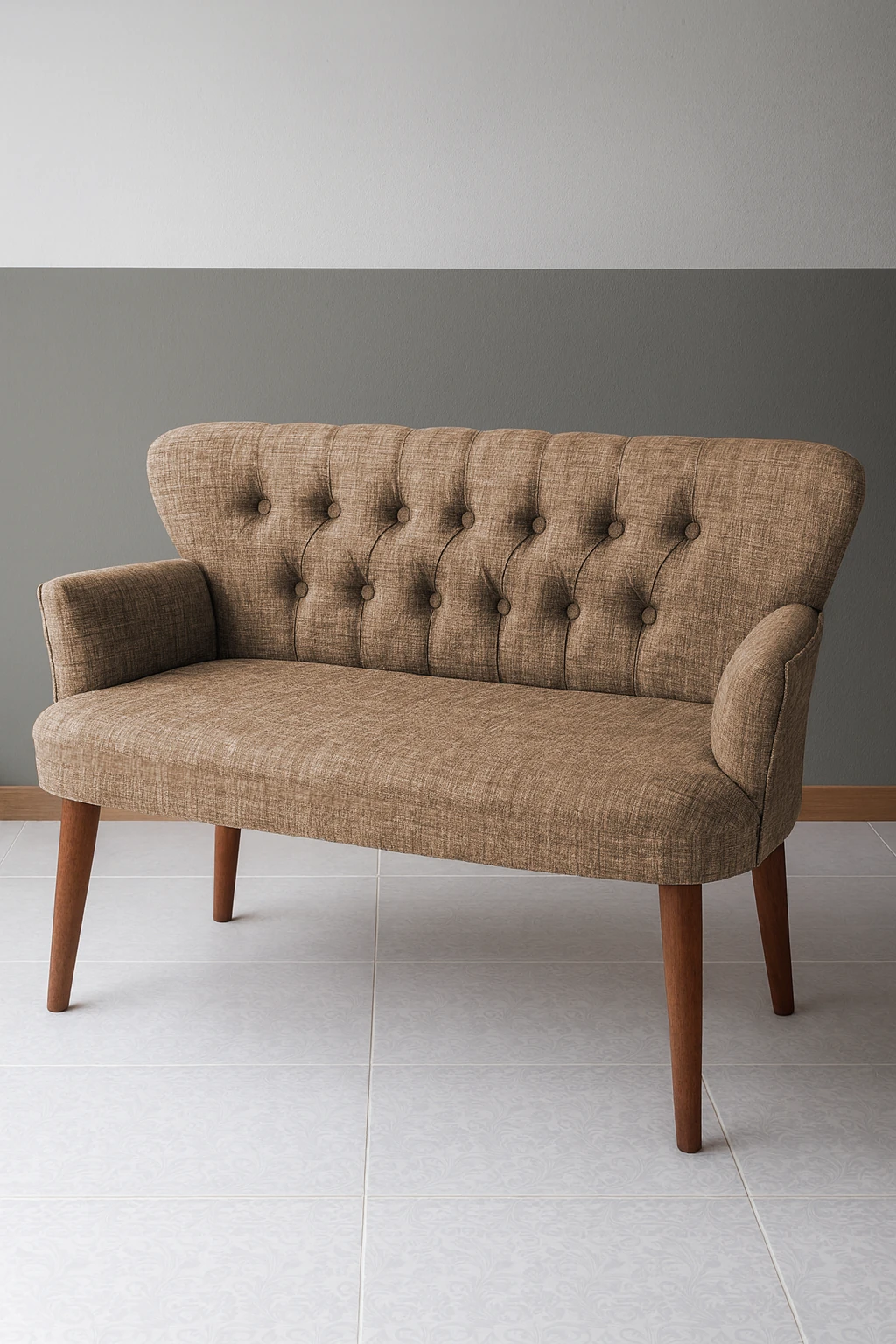 Roma Modern İkili Koltuk - Keten Kumaş - Ahşap Ayak - Kahverengi