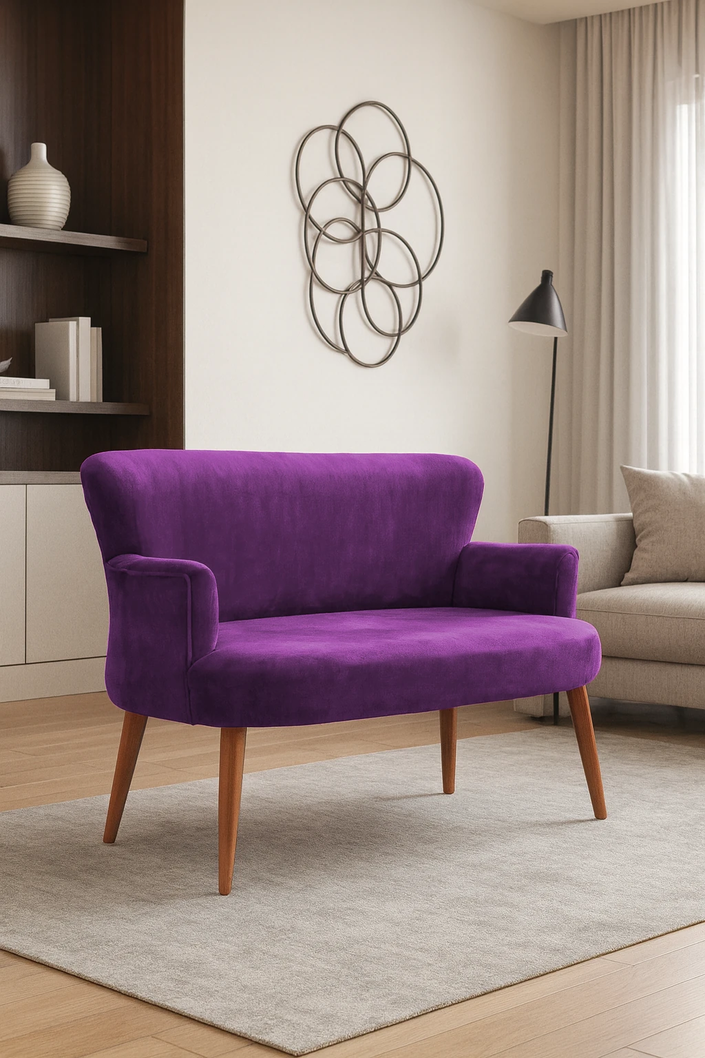 Roma Modern İkili Koltuk - Babyface Kumaş - Ahşap Ayak - Düğmesiz - Mor