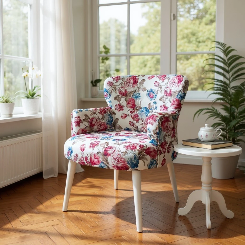 Roma Modern Tekli Koltuk Berjer - Dijital Baskılı Kumaş - Ahşap Ayak - Çiçek Desen