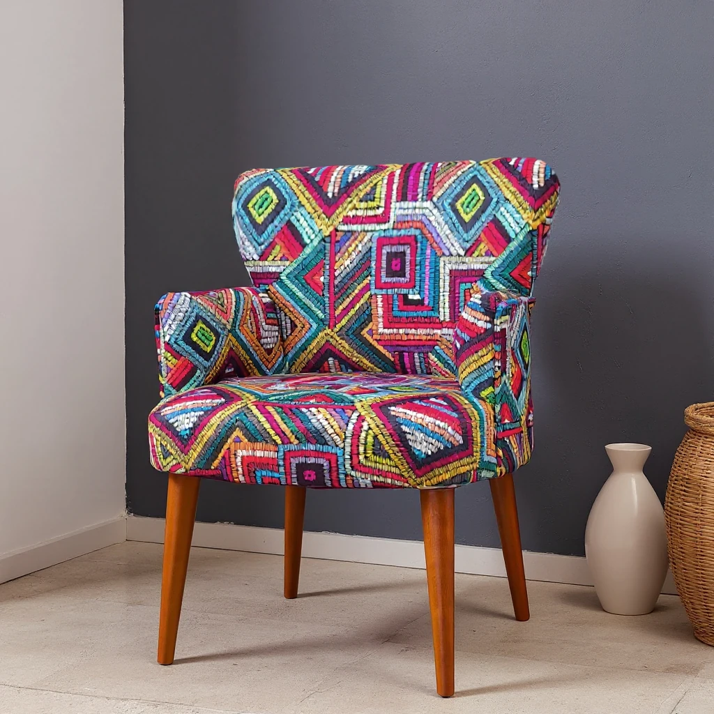 Roma Modern Tekli Koltuk Berjer - Dijital Baskılı Kumaş - Ahşap Ayak - Renkli Çizgili