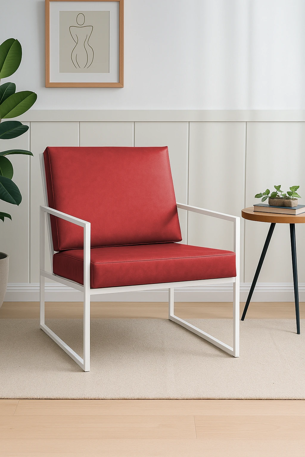 İskandinav Tarzı Metal Ayaklı Deri Tekli Koltuk Beyaz İskelet – Kırmızı