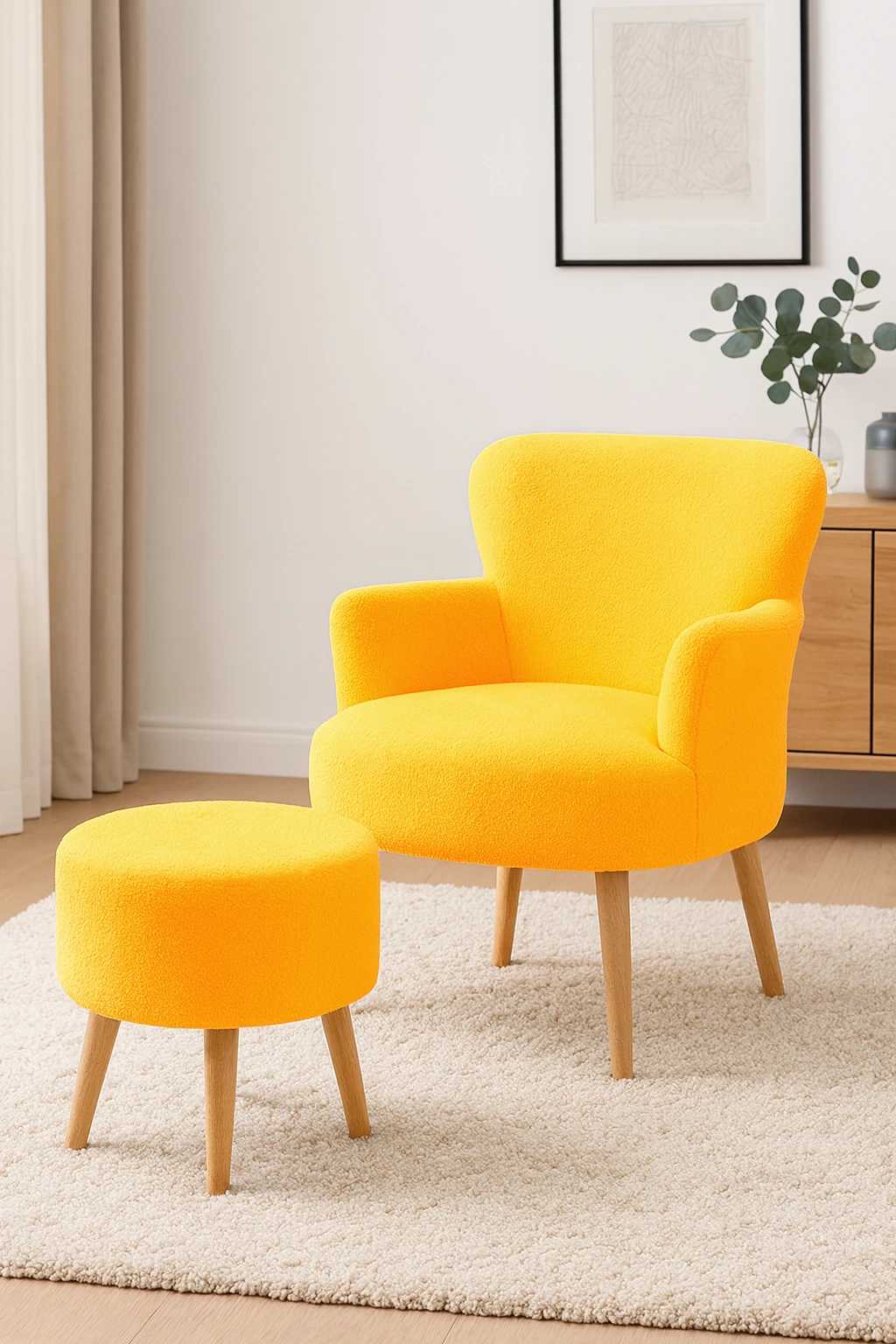 Roma Berjer + Puf Set - Welsoft Yumuşak Kumaş - Ahşap Ayak - Sarı