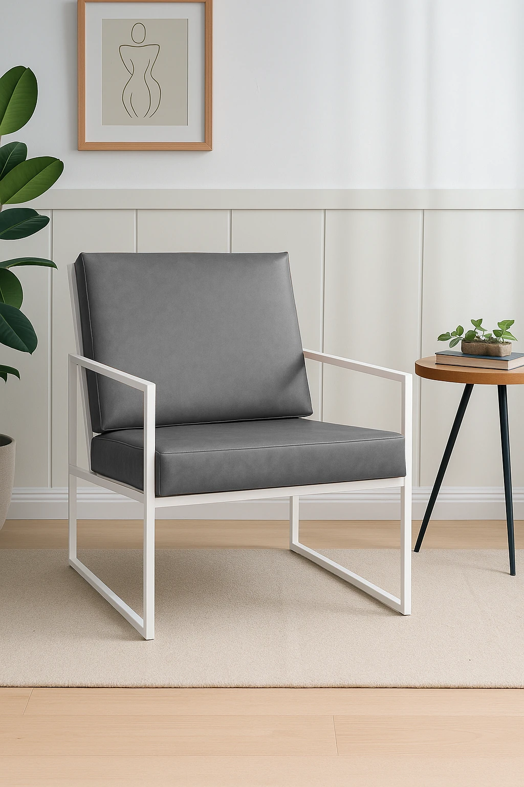 İskandinav Tarzı Metal Ayaklı Deri Tekli Koltuk Beyaz İskelet – Gri