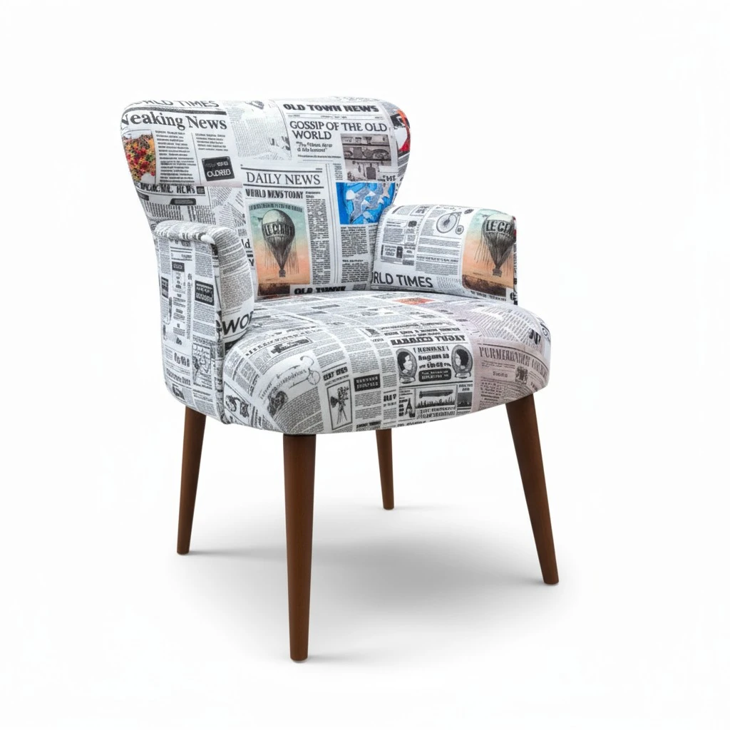 Roma Modern Tekli Koltuk Berjer - Dijital Baskılı Kumaş - Ahşap Ayak - Gazete Desen