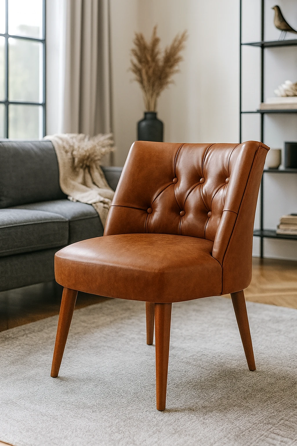 Modern Kolsuz Deri Berjer – Demonte Ahşap Ayaklı, Konforlu Oturma Koltuğu - Taba