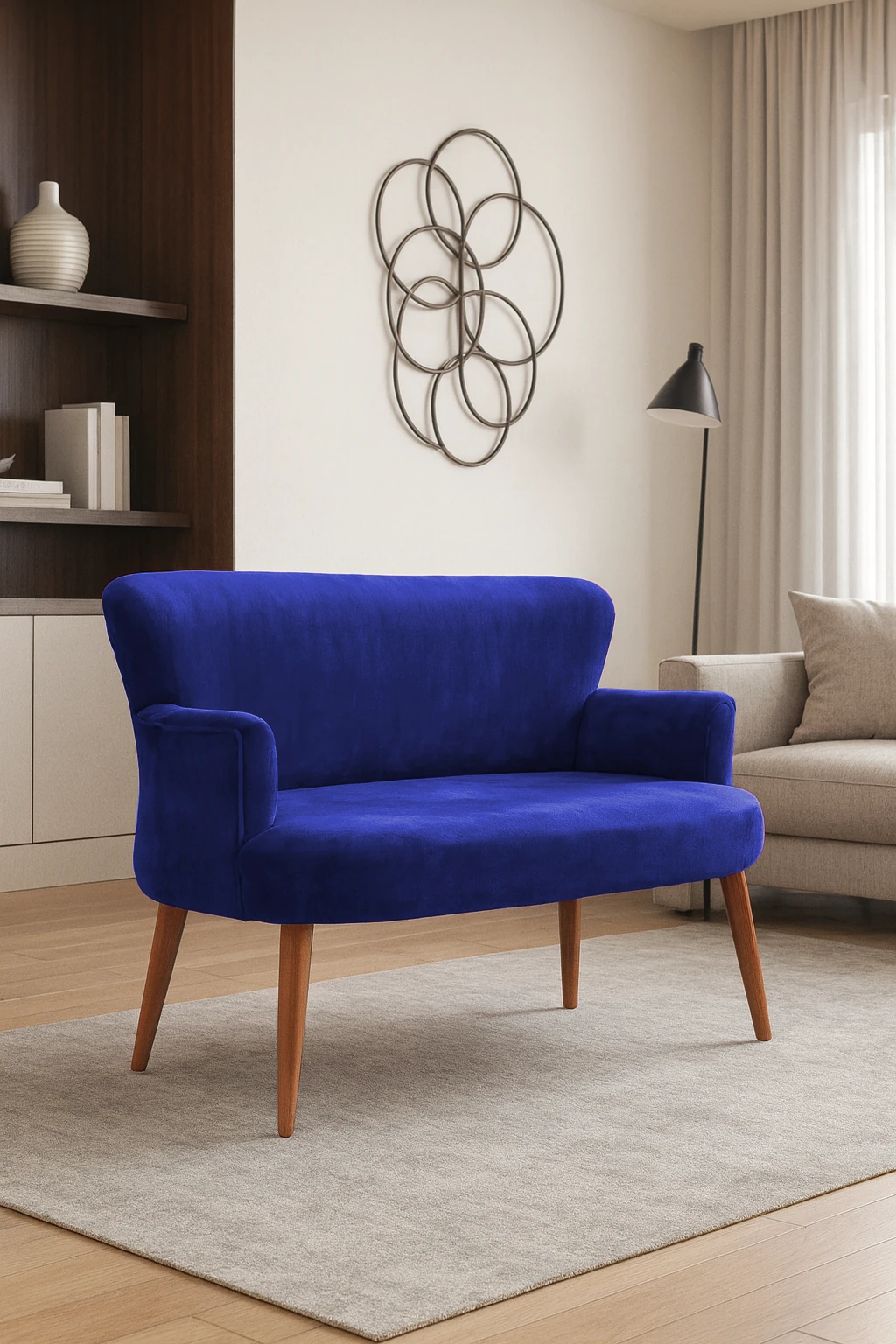 Roma Modern İkili Koltuk - Babyface Kumaş - Ahşap Ayak - Düğmesiz - Saks Mavi
