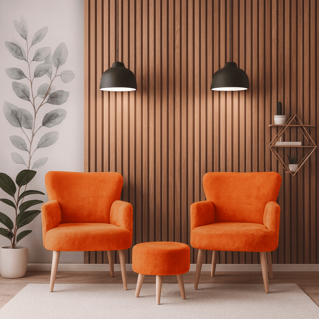Roma Modern Koltuk Berjer Seti| Welsoft Yumuşak Dokulu Kumaş | 2 Berjer + 1 Puf | Turuncu