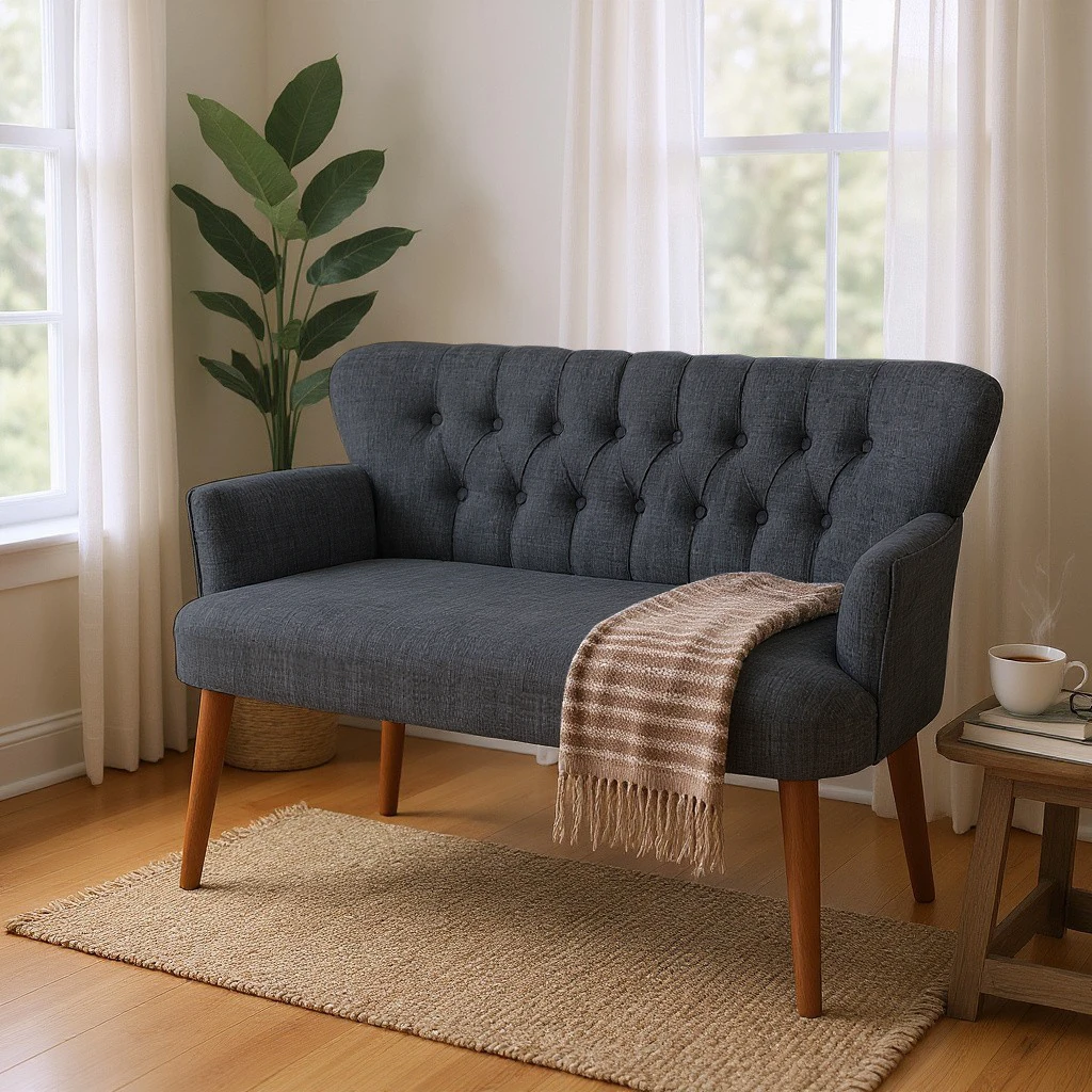 Roma Modern İkili Koltuk - Keten Kumaş - Ahşap Ayak - Füme Gri