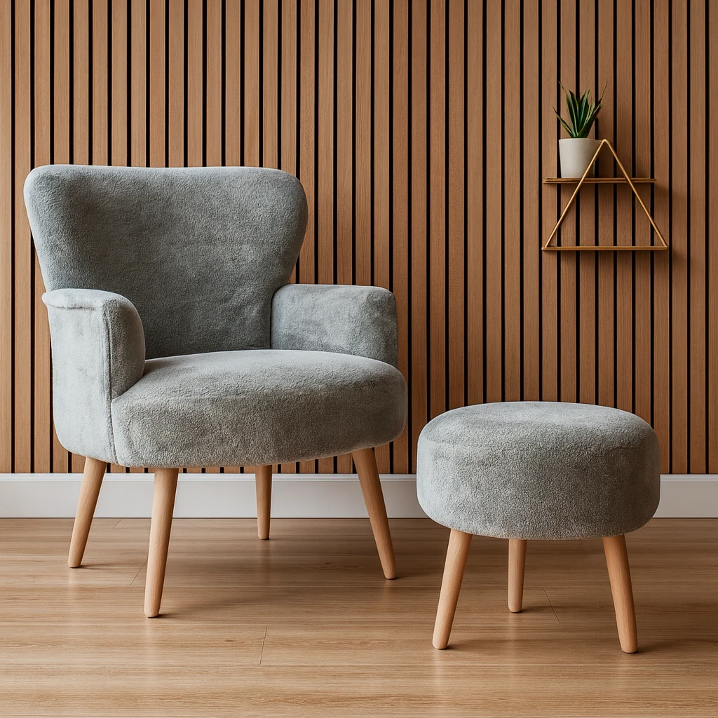 Roma Berjer + Puf Set - Welsoft Yumuşak Kumaş - Ahşap Ayak - Gri