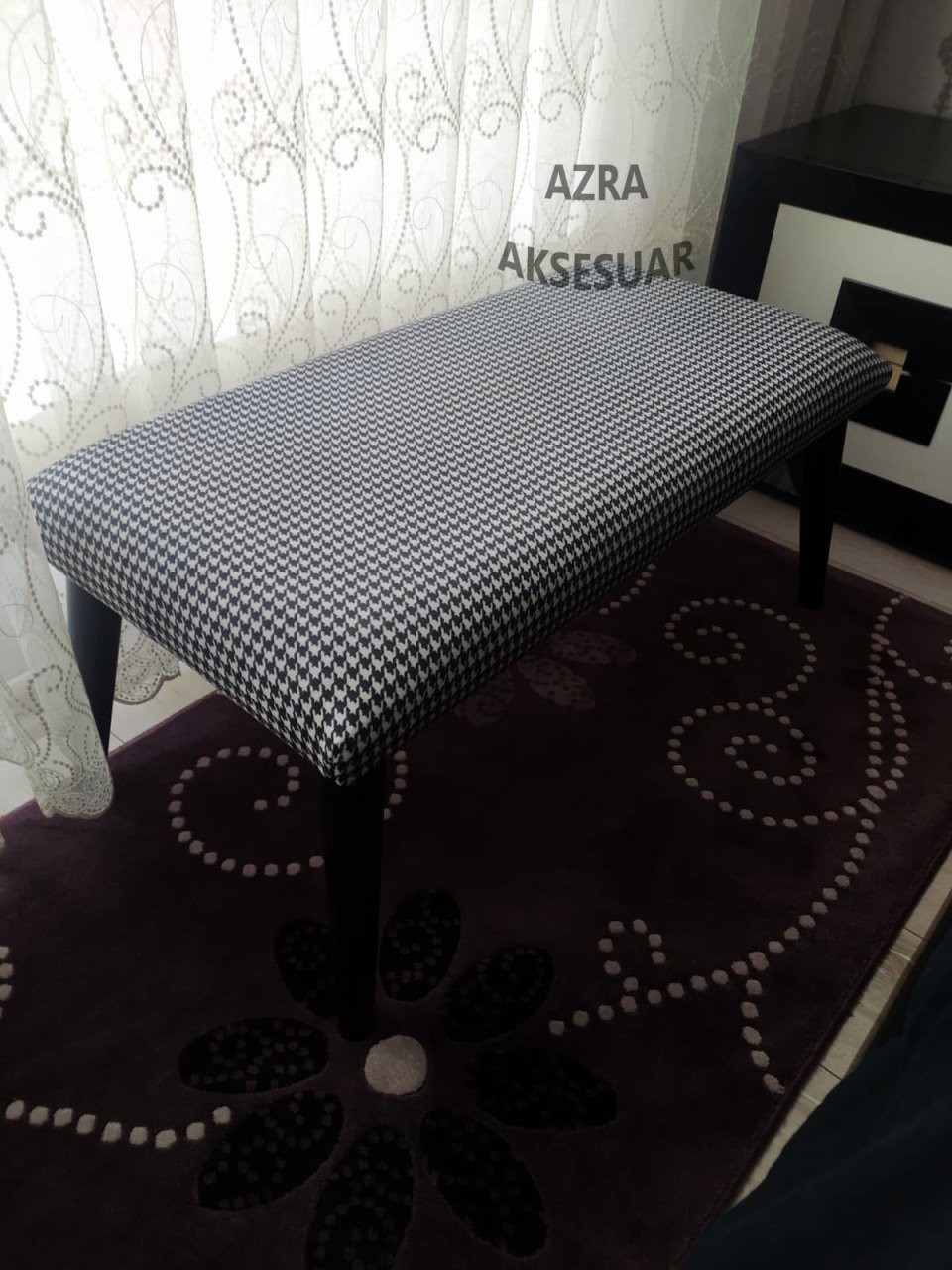 Bench - Puf - Bank - Ahşap Ayaklı - Ahşap Bench - Çift Kişilik Puf - Ekose Siyah Beyaz