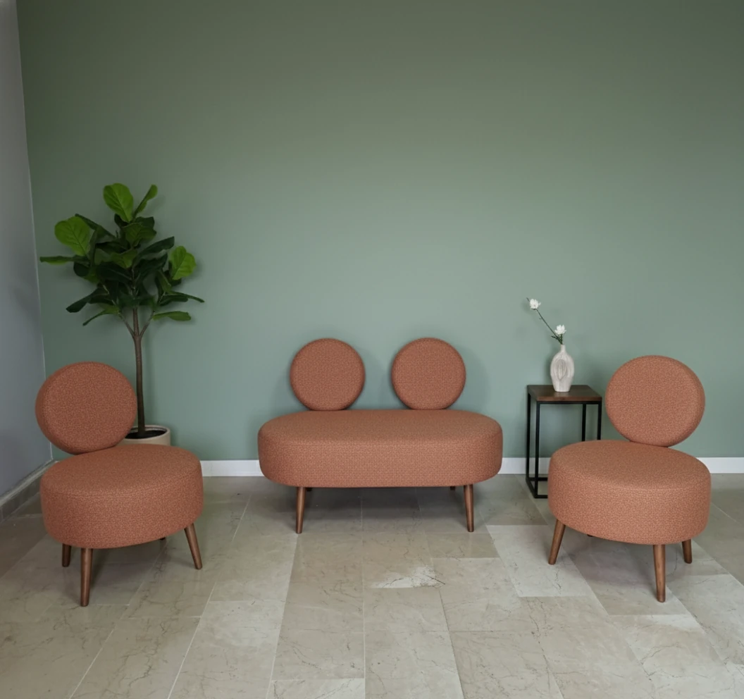 Dünya Model Buklet Kumaş 2+1+1 Koltuk Takımı – Modern Tasarım, Ahşap Ayaklı - Kiremit