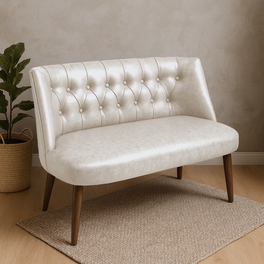 Milano İkili Modern Koltuk - Deri Kumaş - Ahşap Ayak - Krem