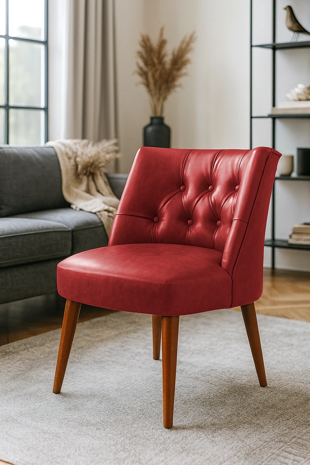 Modern Kolsuz Deri Berjer – Demonte Ahşap Ayaklı, Konforlu Oturma Koltuğu - Kırmızı