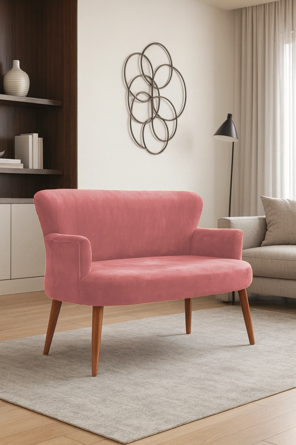 Roma Modern İkili Koltuk - Babyface Kumaş - Ahşap Ayak - Düğmesiz - Gül Kurusu