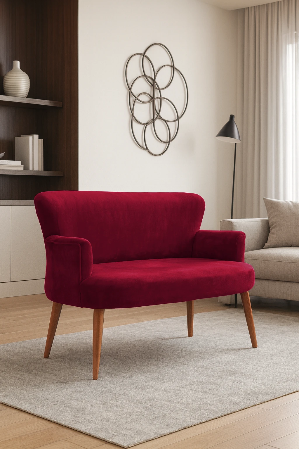 Roma Modern İkili Koltuk - Babyface Kumaş - Ahşap Ayak - Düğmesiz - Kırmızı