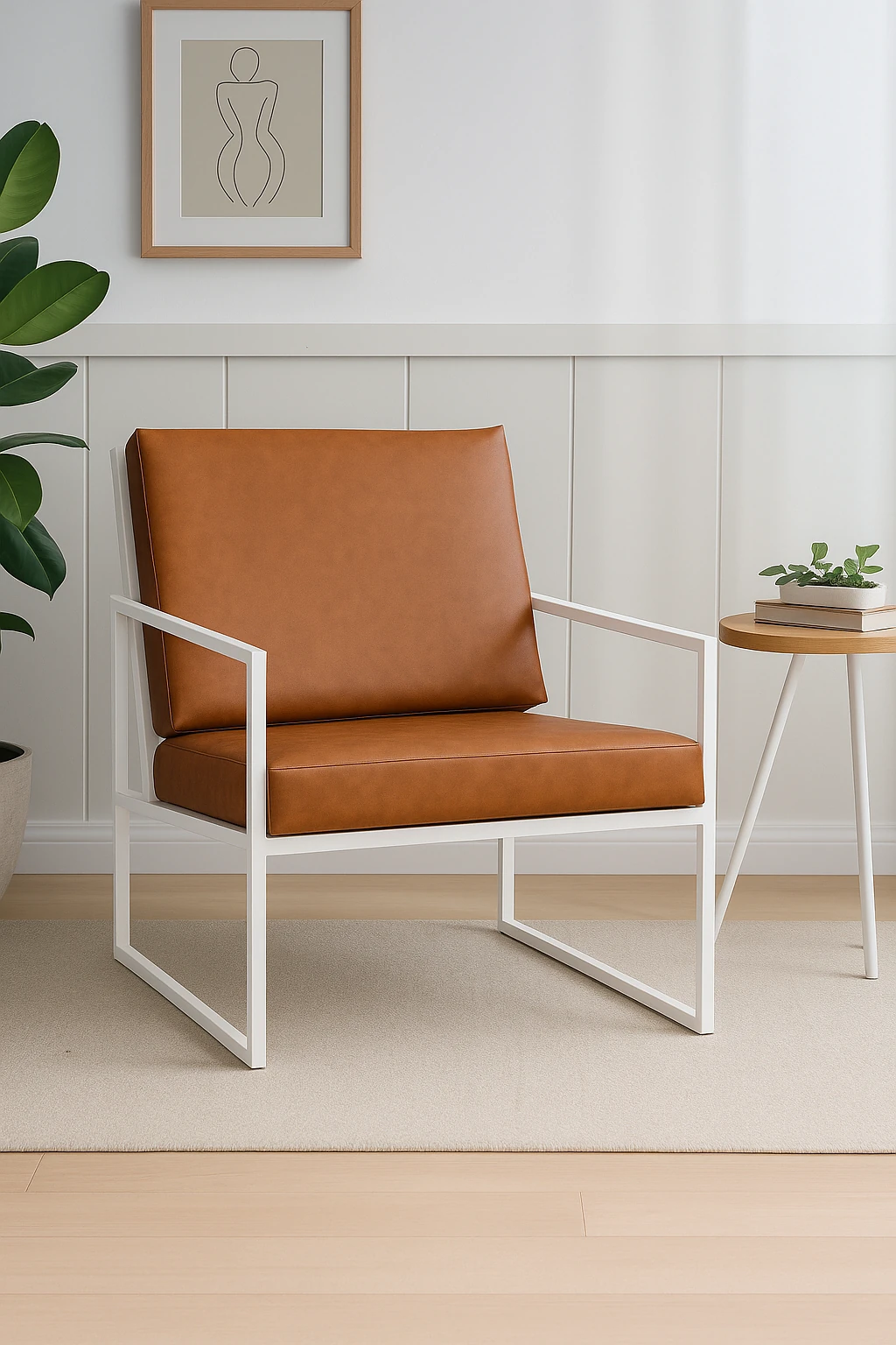 İskandinav Tarzı Metal Ayaklı Deri Tekli Koltuk Beyaz İskelet – Taba