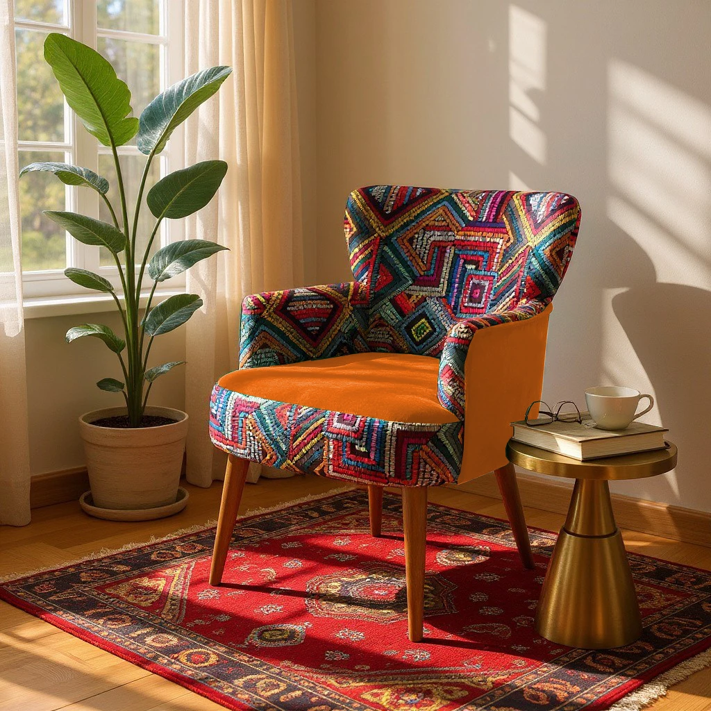 Roma Renkli Desen Modern Tasarım Dijital Baskılı Babyface Kumaş Berjer  Koltuk - Turuncu