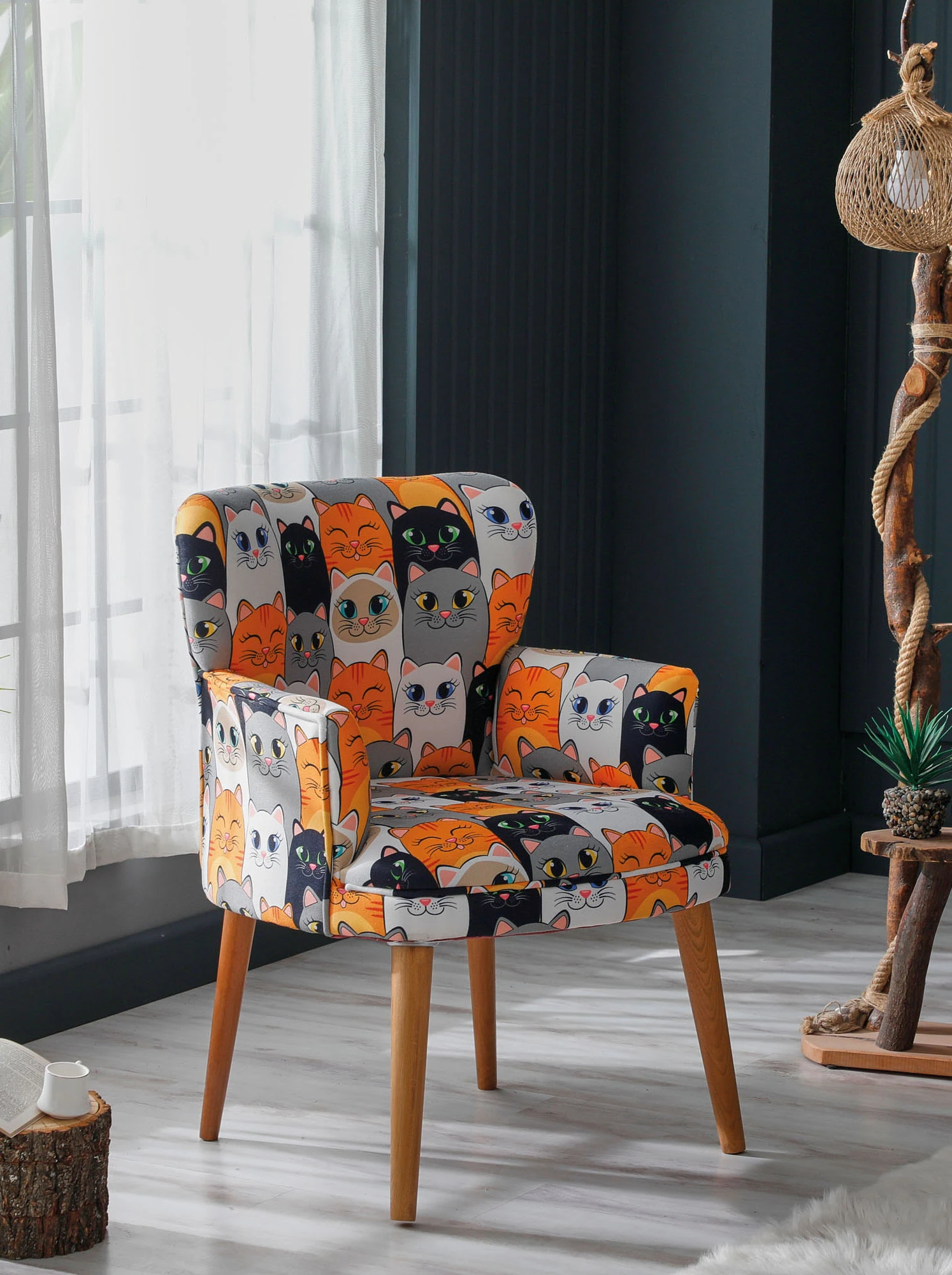 Roma Modern Tekli Koltuk Berjer - Dijital Baskılı Kumaş - Ahşap Ayak - Kedili 1 