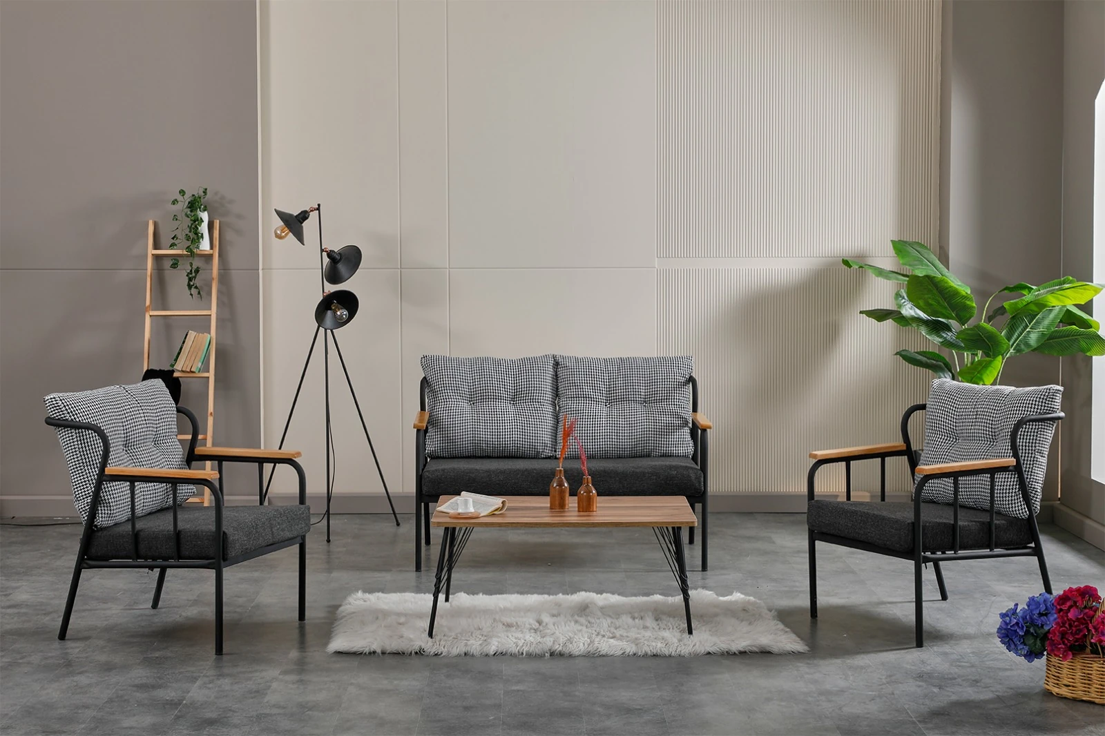 Paris Ahşap Kollu Modern Bahçe Balkon Salon Oturma Grubu Takımı - Sehpalı