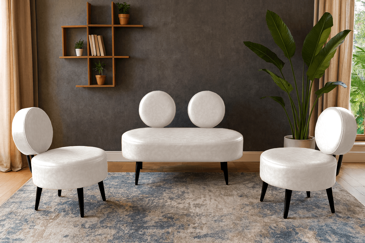Dünya Model Modern Ev & Ofis Koltuk Takımı | Deri Kumaş | Krem