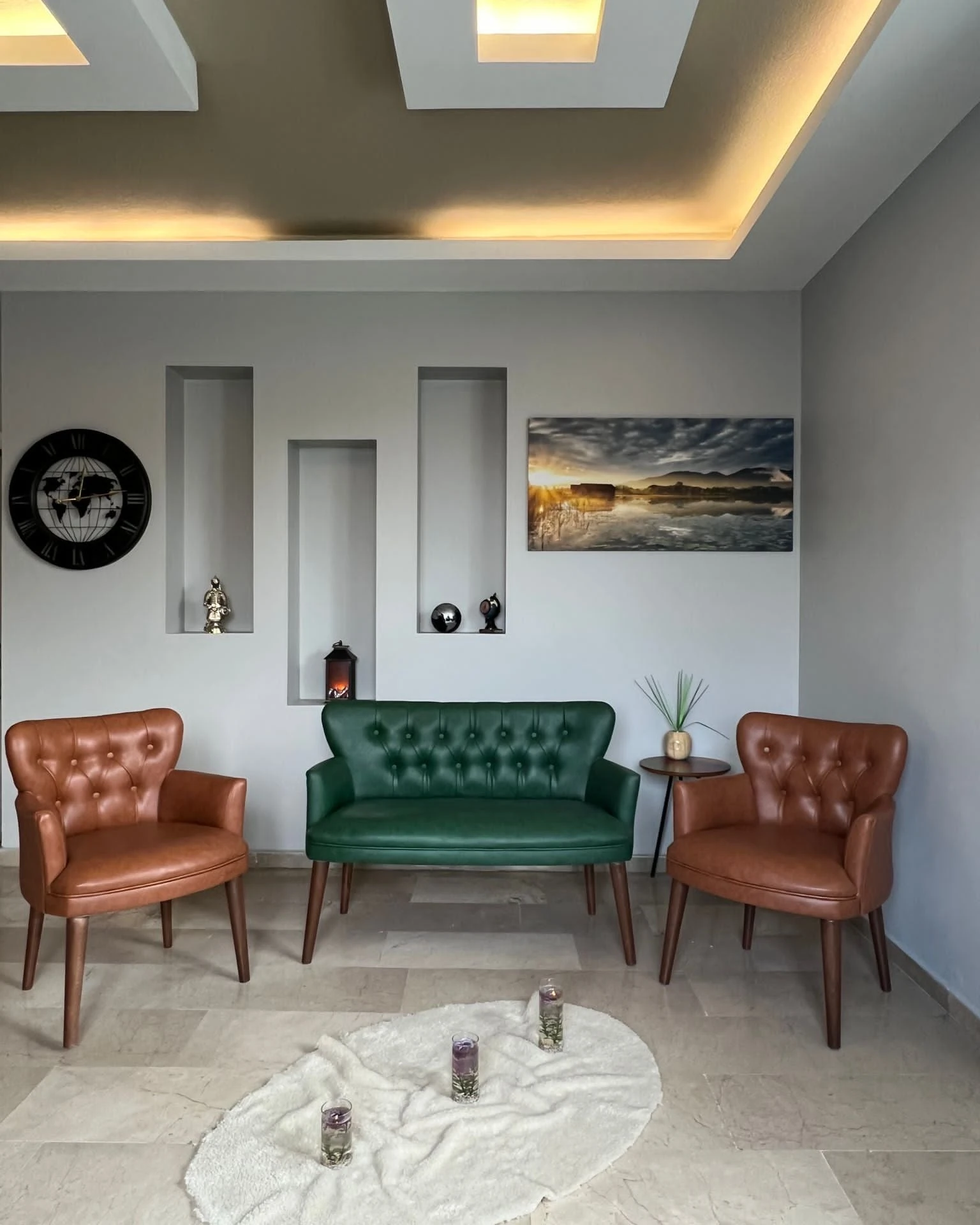 Çay Seti Koltuk Takımı - Deri Kumaş - Modern Chester Tarz - 2 Taba 1 Yeşil