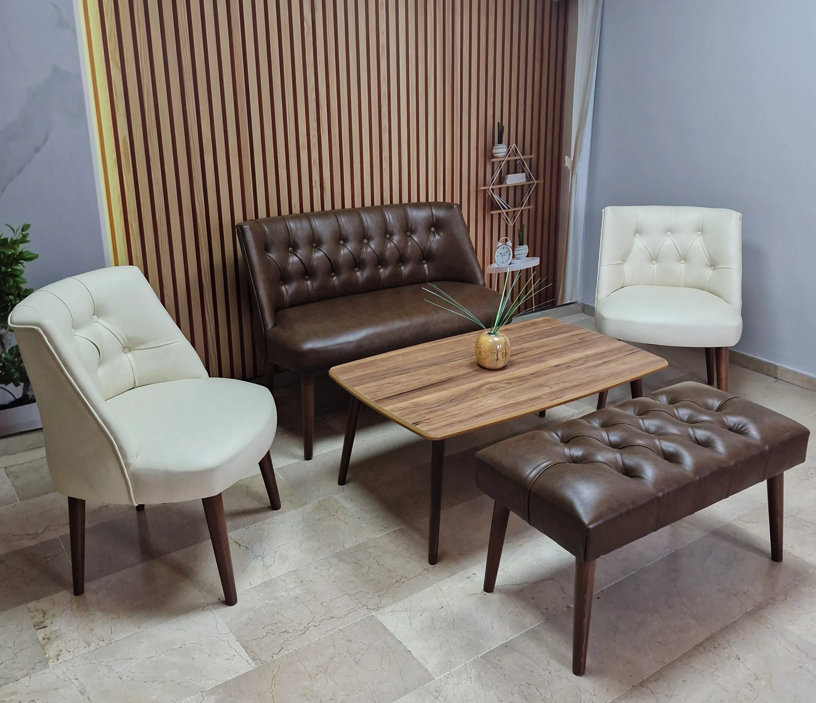 Milano Çay Seti Koltuk Takımı - Ofis Takımı - Deri Kumaş - 2+1+1+Bench+Sehpa | Acı Kahve Krem