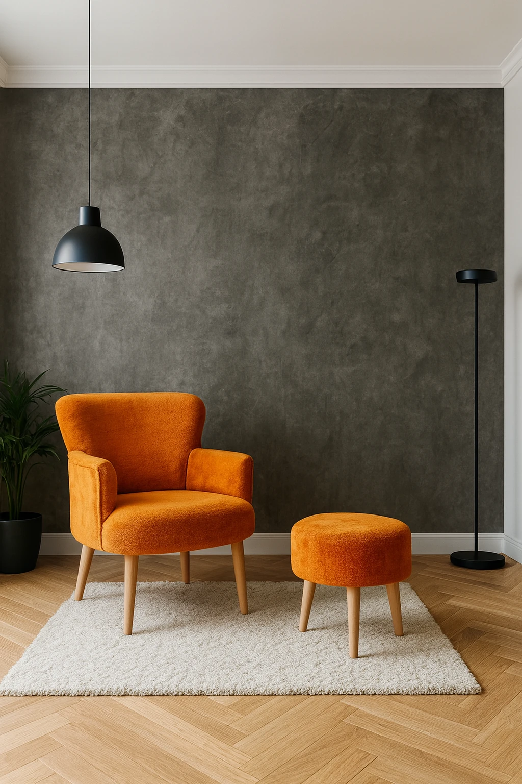 Roma Berjer + Puf Set - Welsoft Yumuşak Kumaş - Ahşap Ayak - Turuncu