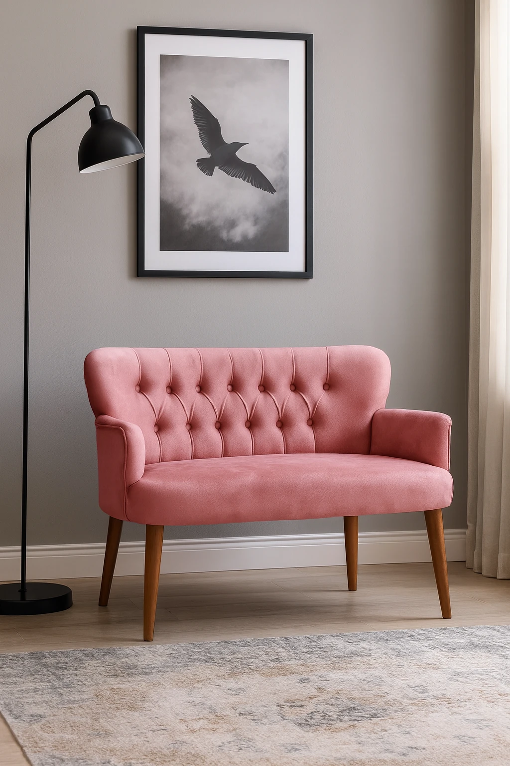 Roma Modern İkili Koltuk - Babyface Kumaş - Ahşap Ayak - Gül Kurusu