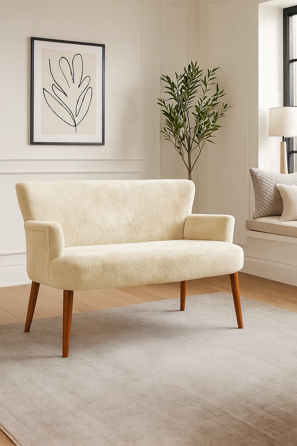 Roma Modern İkili Koltuk - Welsoft Yumuşak Kumaş - Ahşap Ayak - Krem