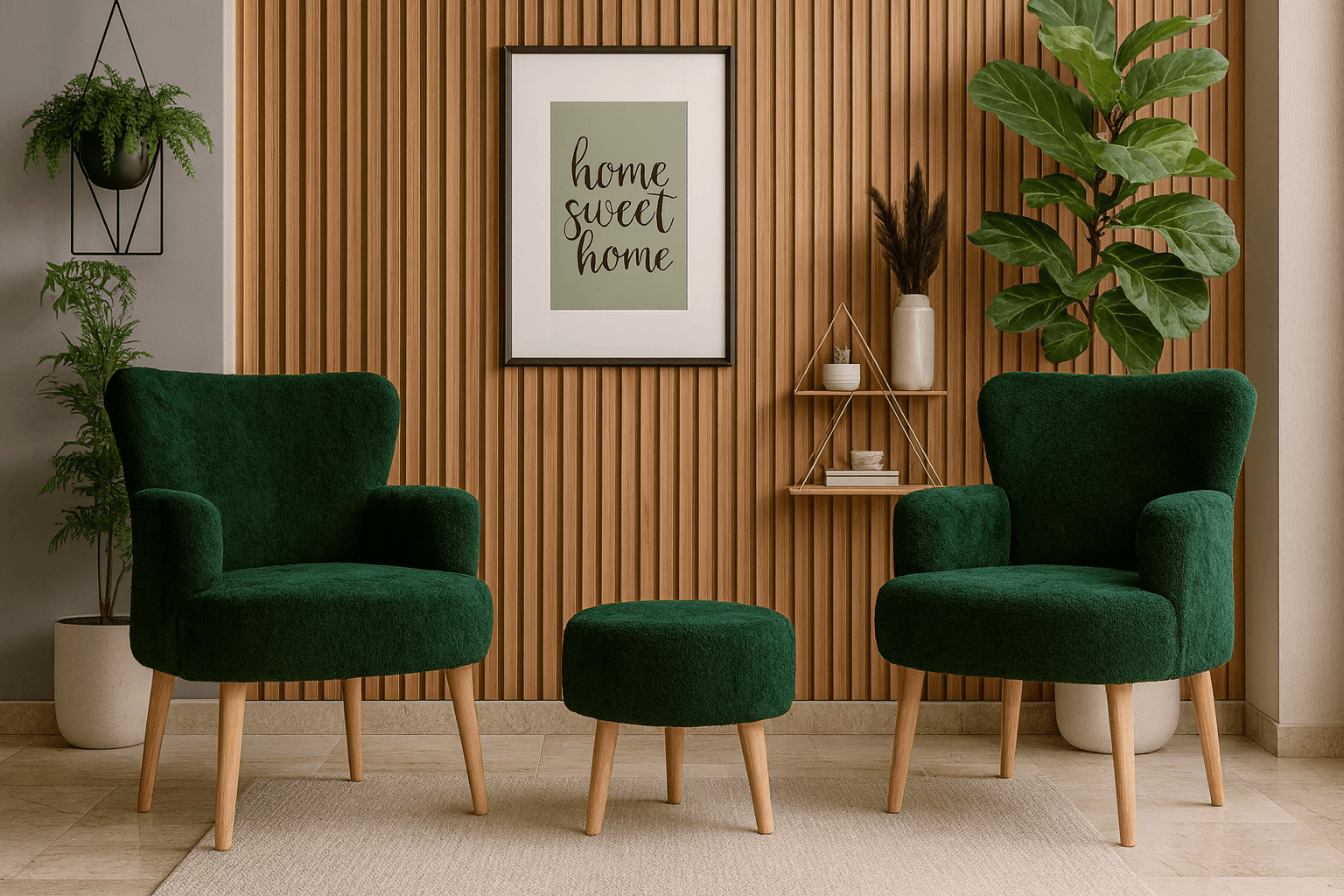 Roma Modern Koltuk Berjer Seti| Welsoft Yumuşak Dokulu Kumaş | 2 Berjer + 1 Puf | Yeşil