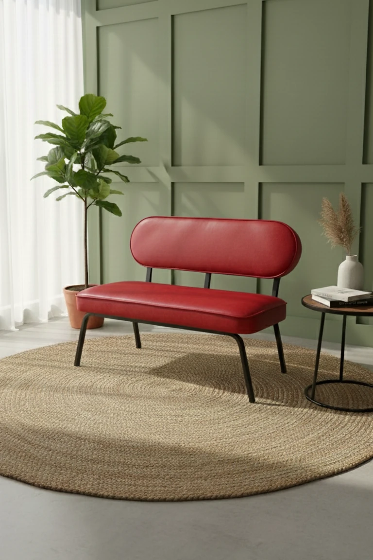 Luna Model İkili Koltuk – Modern Tasarım, Deri Döşeme, Metal Ayak - Kırmızı