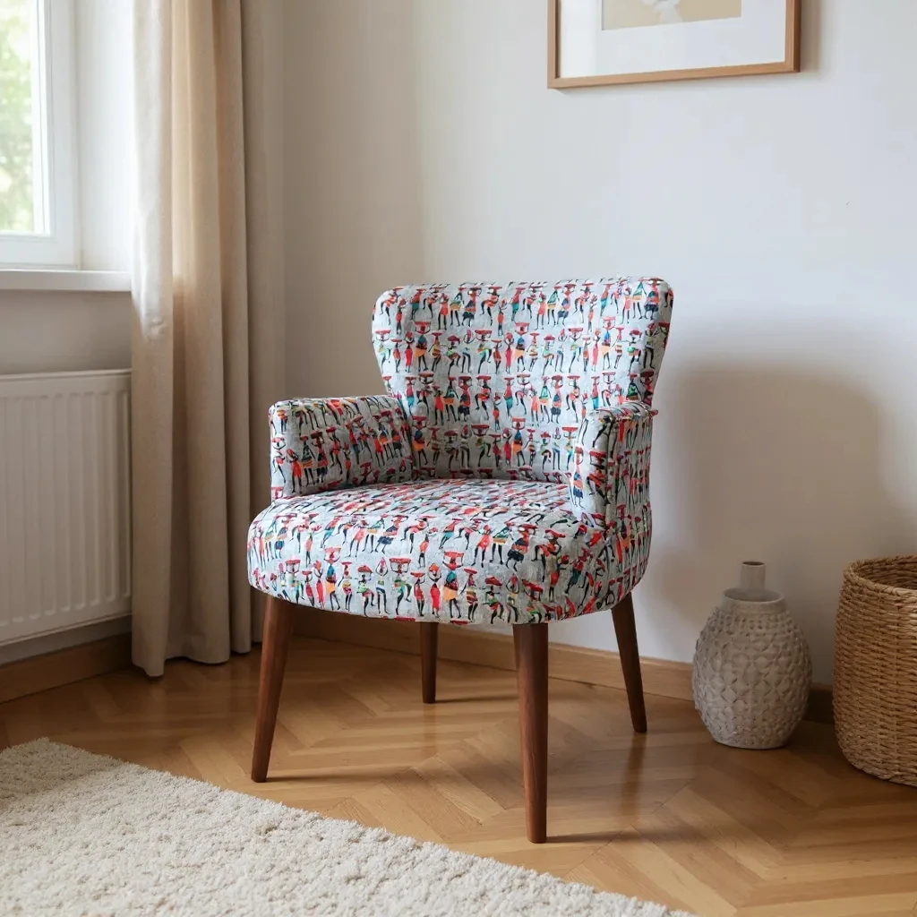 Roma Modern Tekli Koltuk Berjer - Dijital Baskılı Kumaş - Ahşap Ayak - Afrika Desen