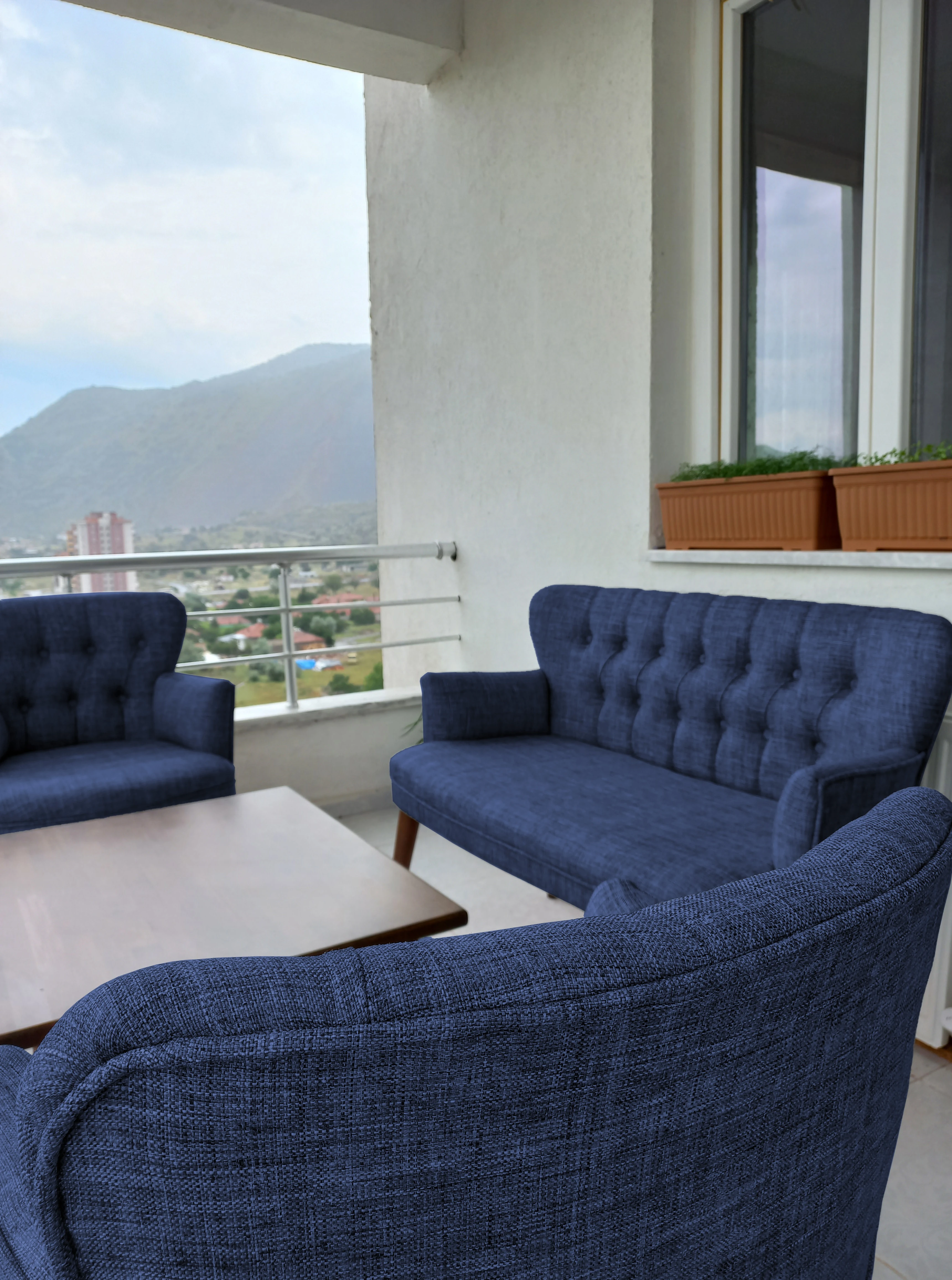 Çay Seti Koltuk Takımı - Keten Kumaş - Modern 2+1+1 - Mavi