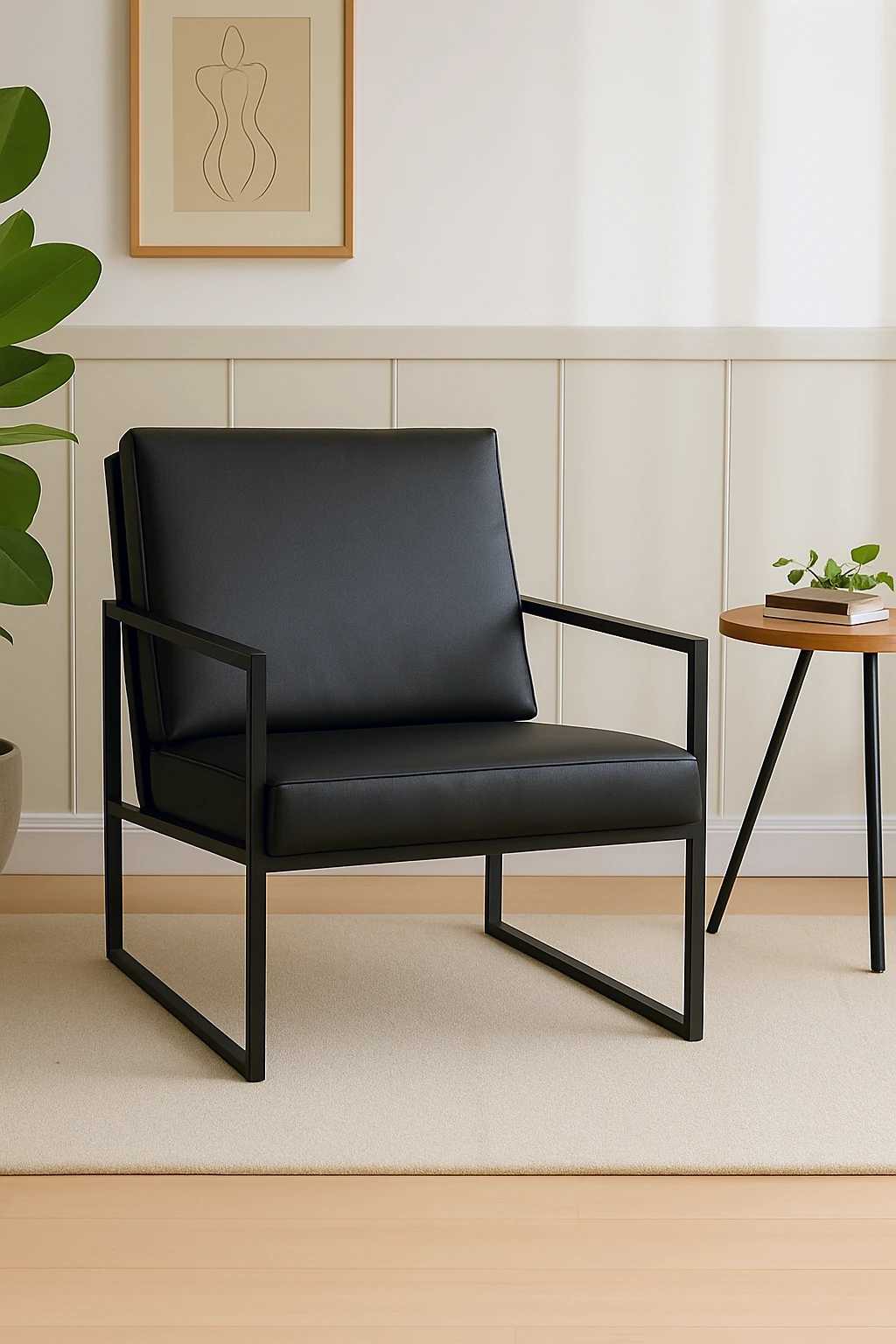 İskandinav Tarzı Metal Ayaklı Deri Tekli Koltuk – Siyah