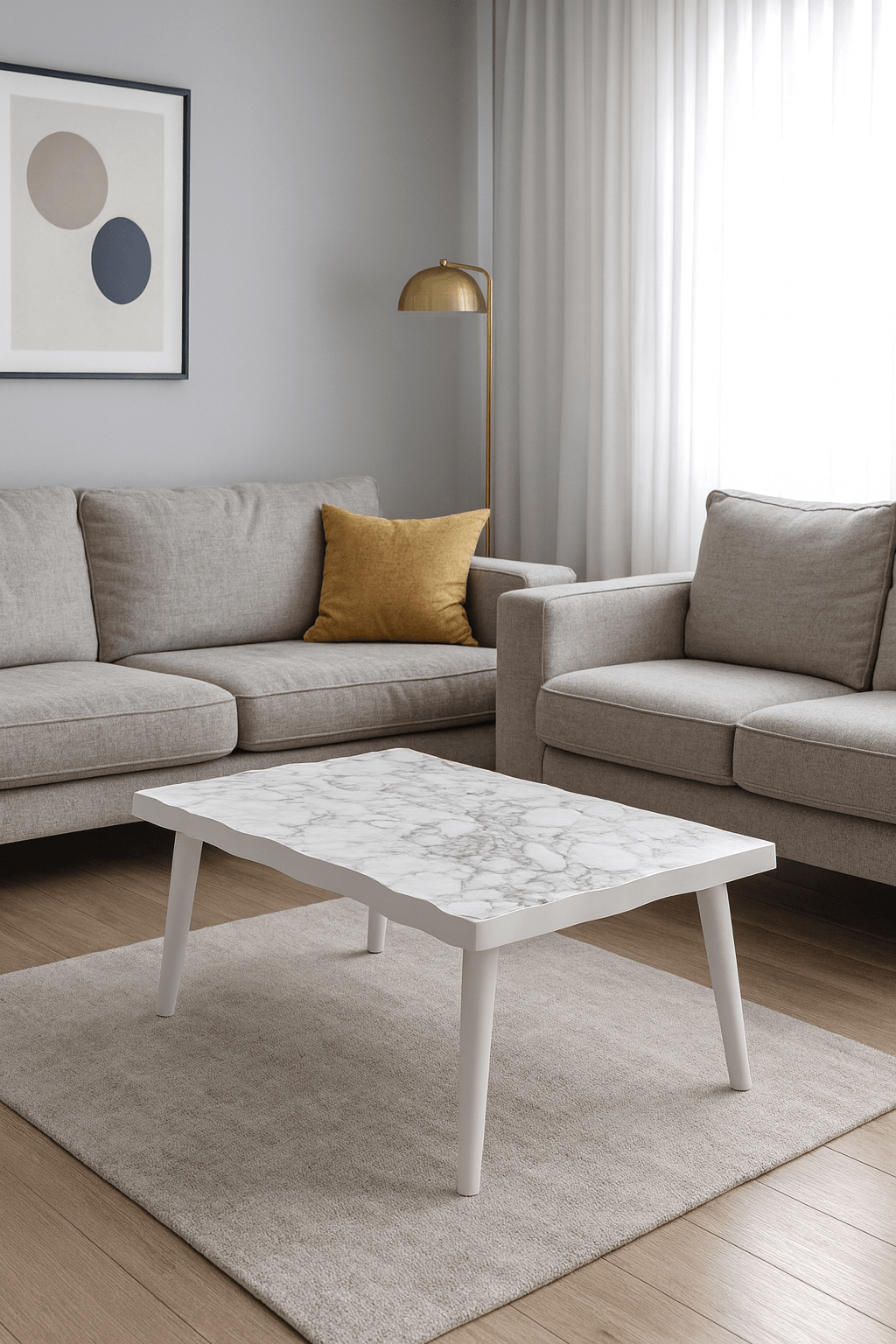 Modern Orta Sehpa | Dalgalı Kenar | Beyaz Mermer Desen
