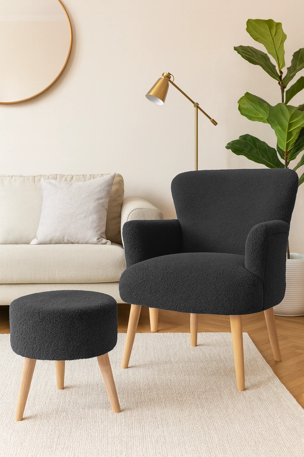 Roma Berjer + Puf Set - Welsoft Yumuşak Kumaş - Ahşap Ayak - Antrasit