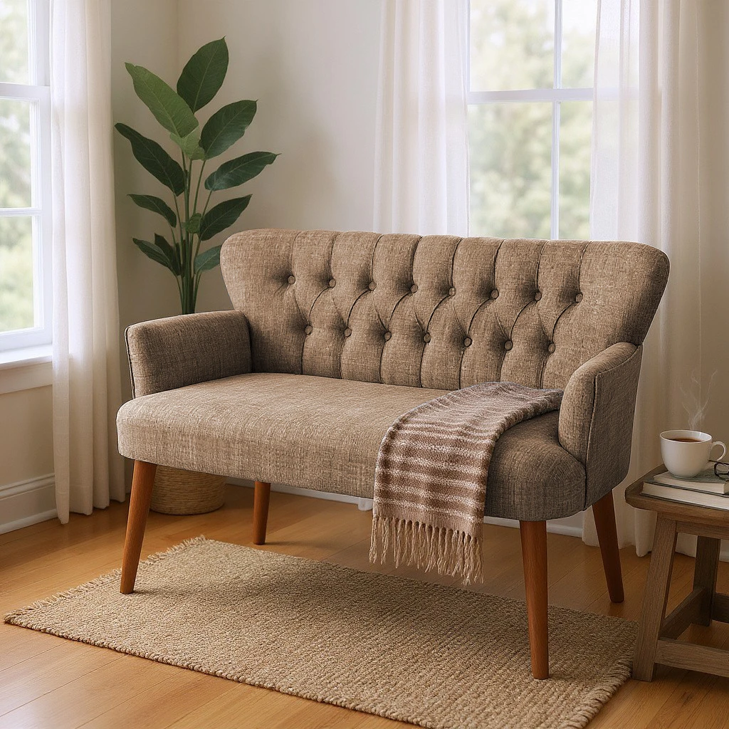 Roma Modern İkili Koltuk - Keten Kumaş - Ahşap Ayak - Kahverengi