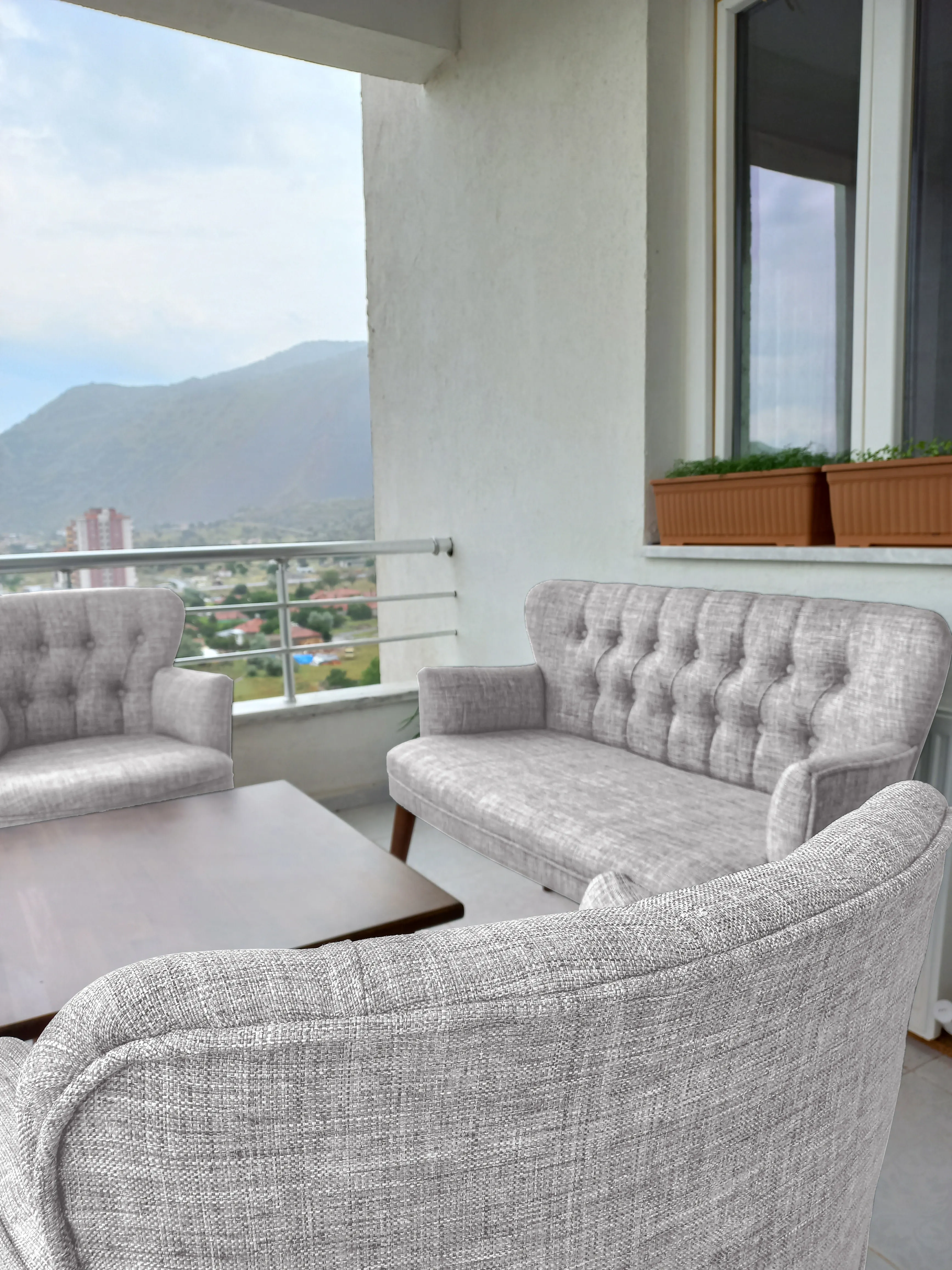 Çay Seti Koltuk Takımı - Keten Kumaş - Modern 2+1+1 - Krem