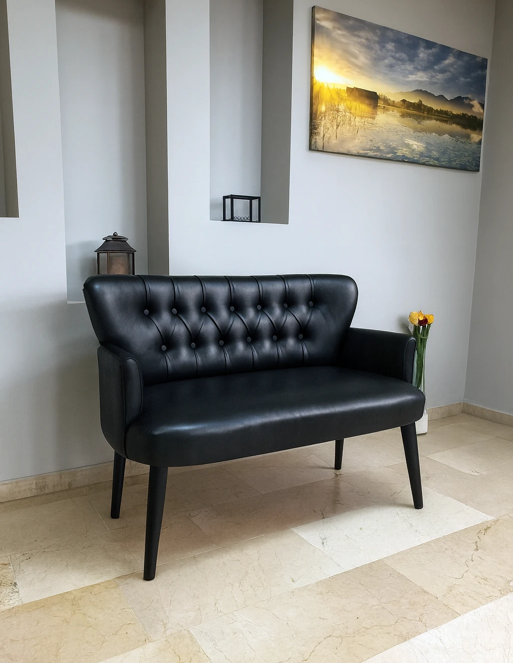 Roma İkili Koltuk - Deri Kumaş - Chester Tarzı - Ofis Koltuğu - Siyah