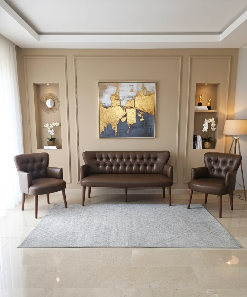 Modern Chester Tarzı 3’lü Çay Seti Koltuk Takımı 3+1+1 – Deri, Ahşap Ayaklı - Acı Kahve