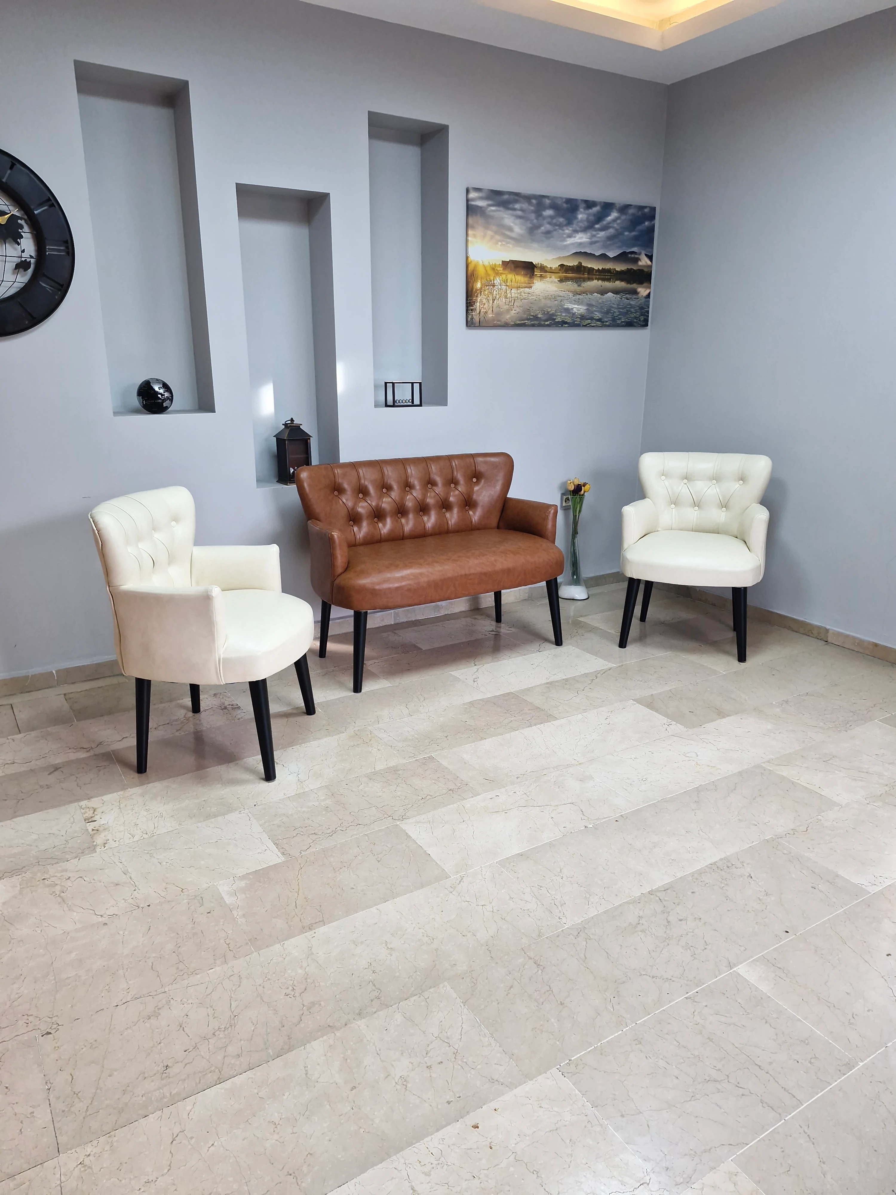 Çay Seti Koltuk Takımı - Deri Kumaş - Modern Chester Tarz - 2 Krem 1 Taba