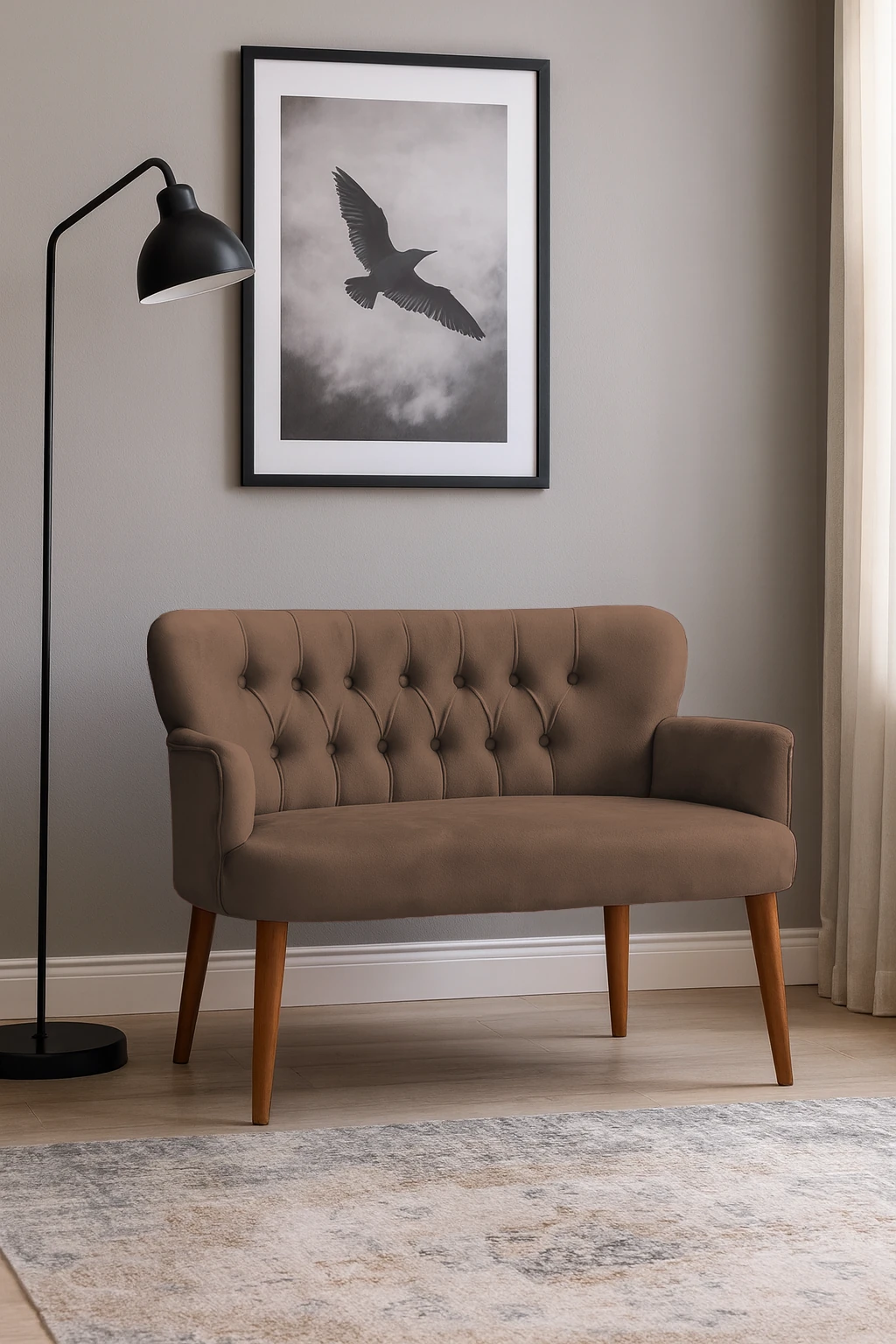 Roma Modern İkili Koltuk - Babyface Kumaş - Ahşap Ayak - Kahverengi