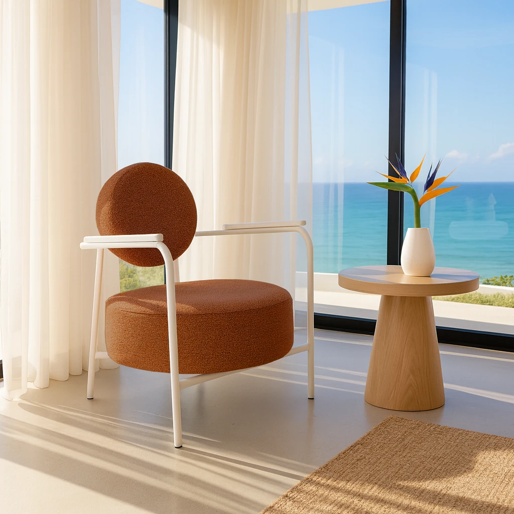 Venüs Beyaz - Soft Kumaş - Modern Beyaz Metal Berjer Koltuk – Kiremit