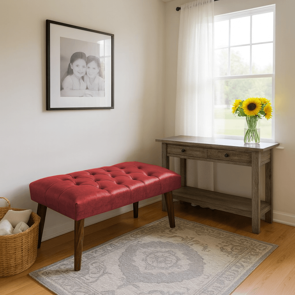 Azra Mobilya Deri Kapitone Bank | 90x45 cm Modern Bench Oturma Pufu - Kırmızı