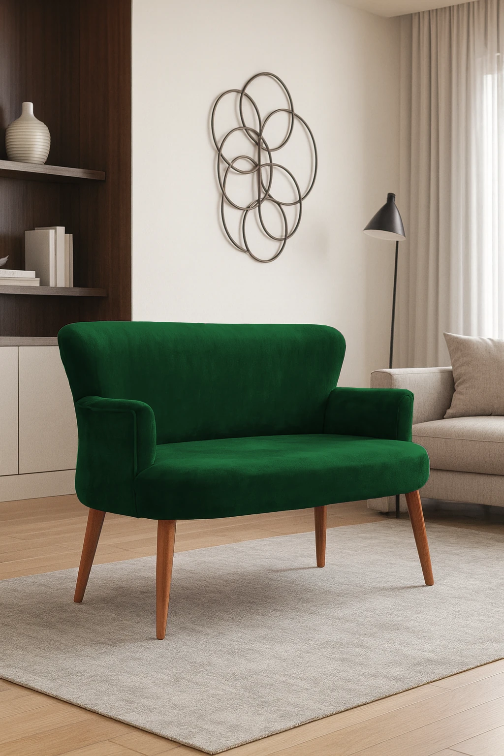 Roma Modern İkili Koltuk - Babyface Kumaş - Ahşap Ayak - Düğmesiz - Yeşil