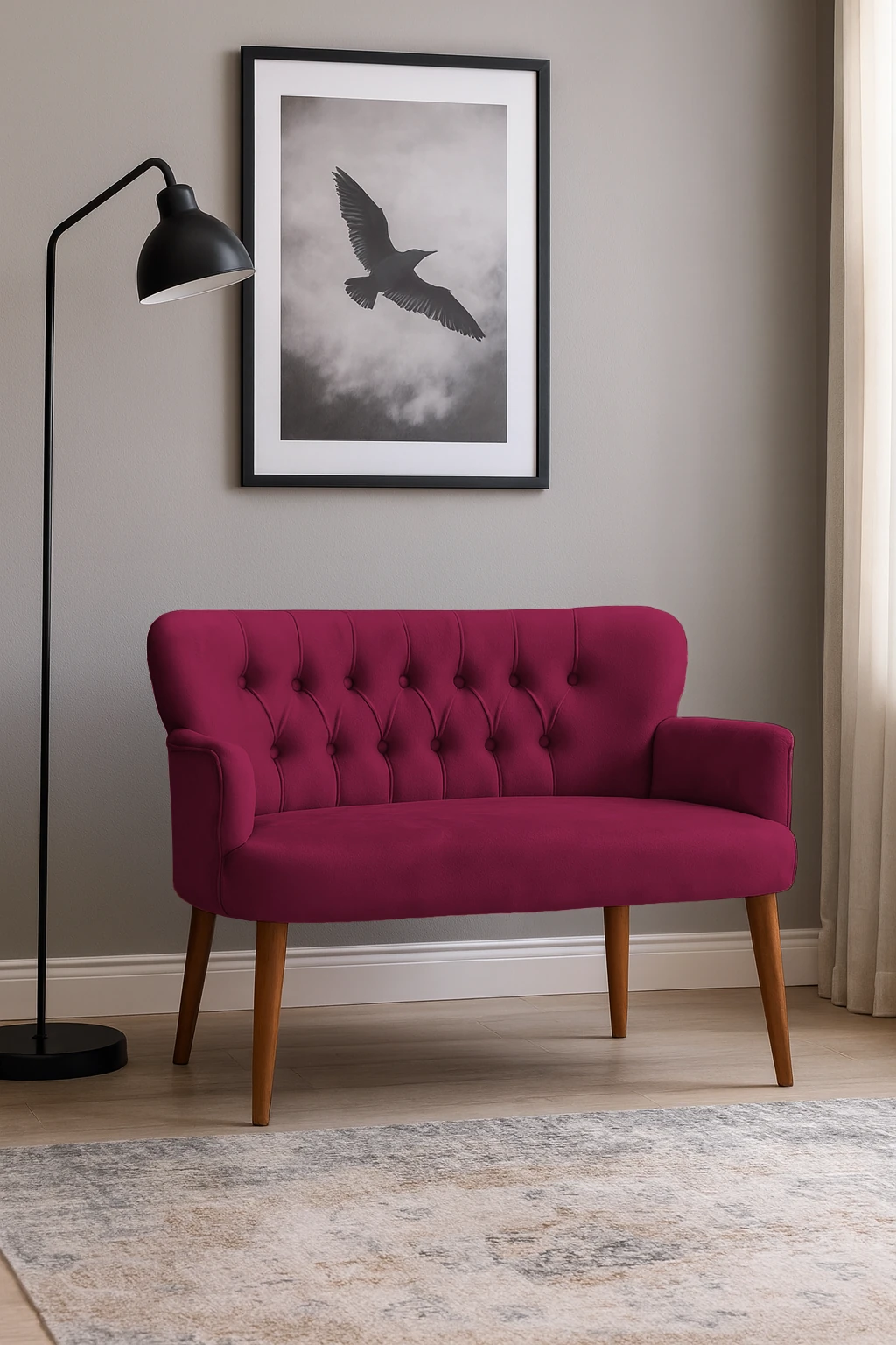 Roma Modern İkili Koltuk - Babyface Kumaş - Ahşap Ayak - Bordo